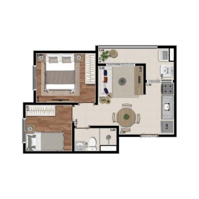 Orbi Saúde - Planta 34m² - 2 dormitórios Orbi Saúde - Planta 34m² - 2 dormitórios